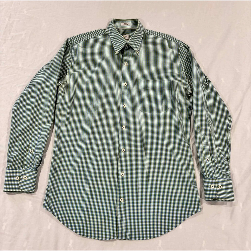 Peter Millar Mens Medium Green Blue Gingham Check Cotton Button Down Shirt‎